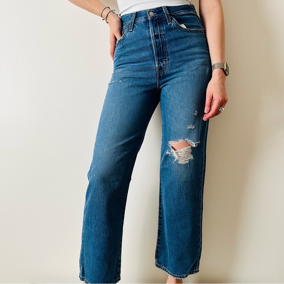 New Levi's premium Ribcage Straight Ankle Jeans denim blue distressed - Picture 5 of 7